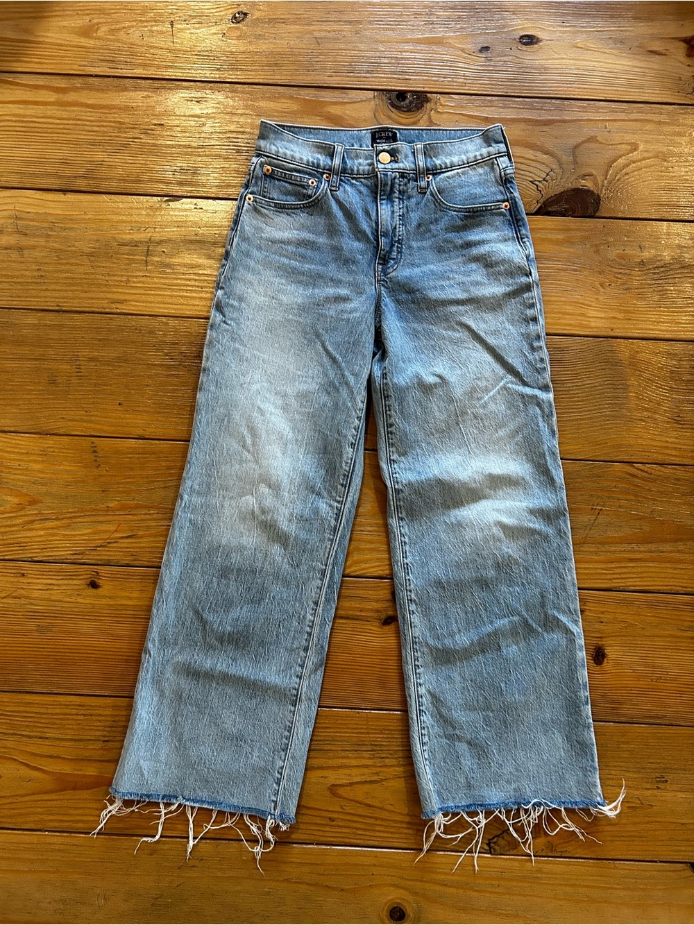 J.Crew Wide Leg Crop Jeans Size 24 Light Wash Denim Raw Hem